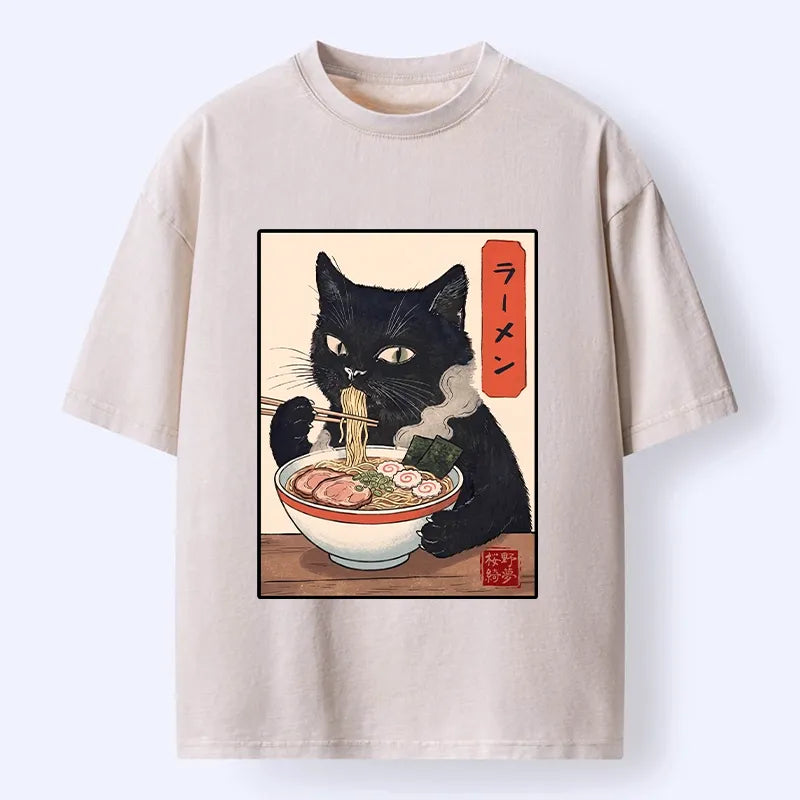 Kyoto-Lion Ramen Eating Cute Cat Washed T-Shirt