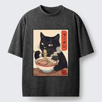 Kyoto-Lion Ramen Eating Cute Cat Washed T-Shirt