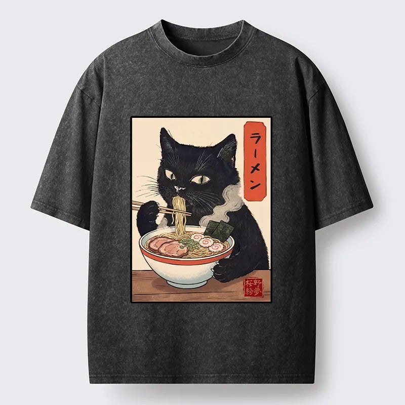 Kyoto-Lion Ramen Eating Cute Cat Washed T-Shirt