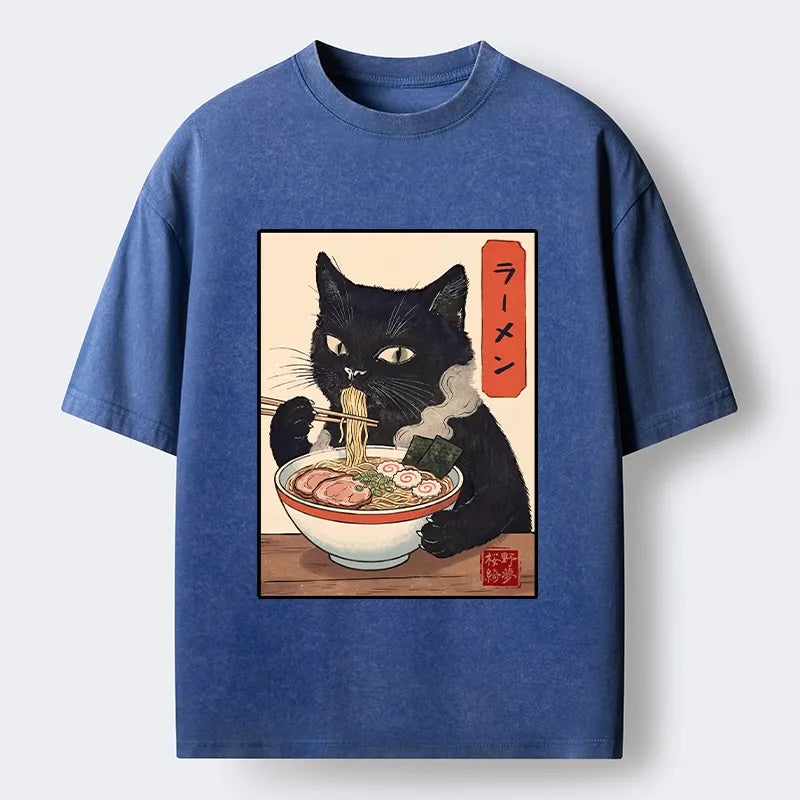 Kyoto-Lion Ramen Eating Cute Cat Washed T-Shirt