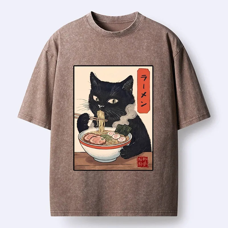 Kyoto-Lion Ramen Eating Cute Cat Washed T-Shirt