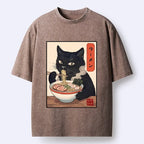 Kyoto-Lion Ramen Eating Cute Cat Washed T-Shirt
