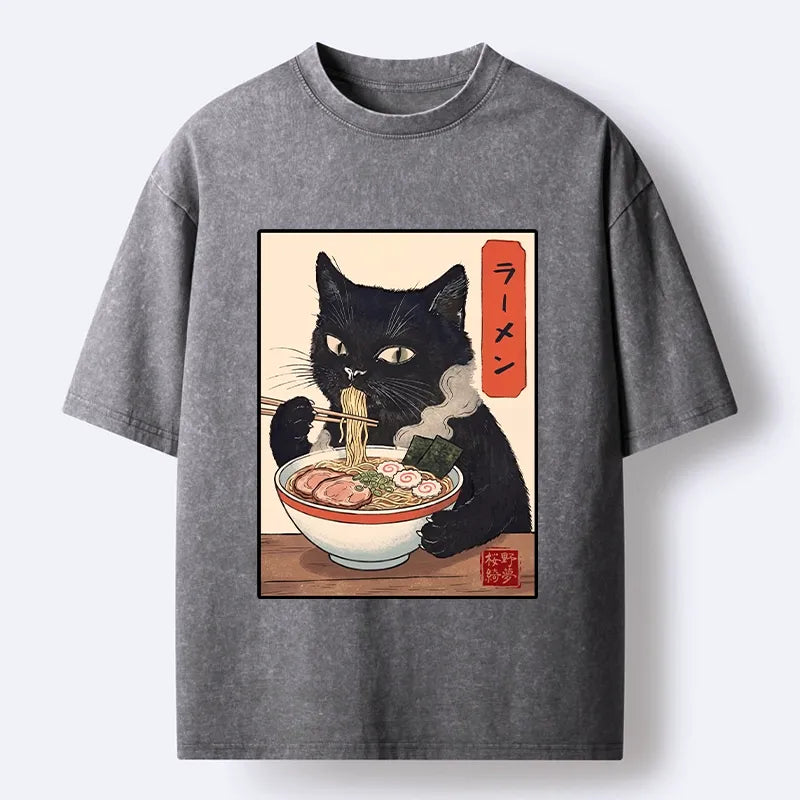 Kyoto-Lion Ramen Eating Cute Cat Washed T-Shirt