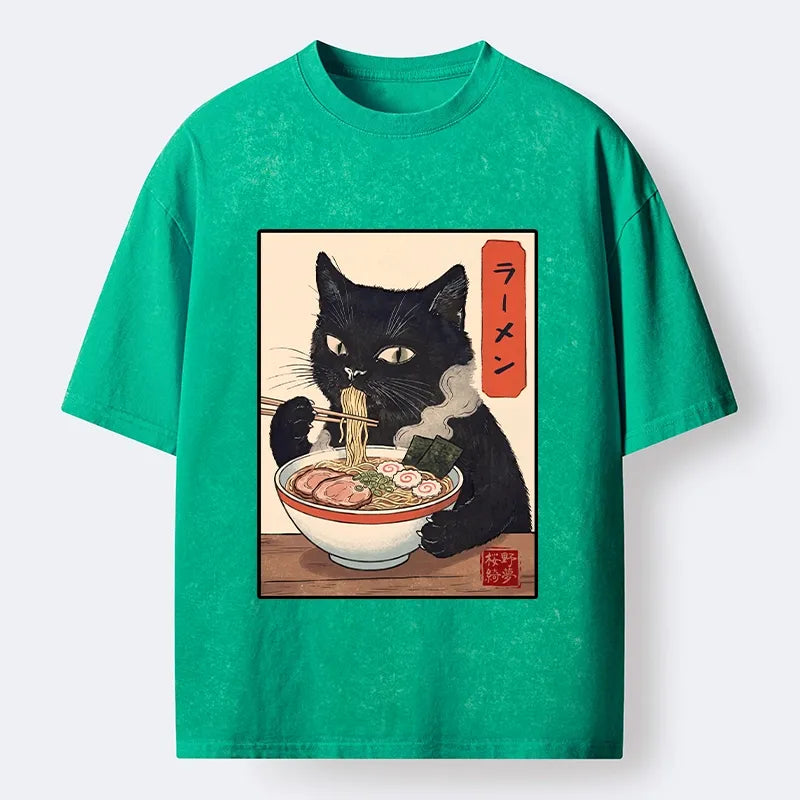 Kyoto-Lion Ramen Eating Cute Cat Washed T-Shirt