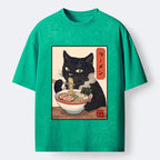 Kyoto-Lion Ramen Eating Cute Cat Washed T-Shirt