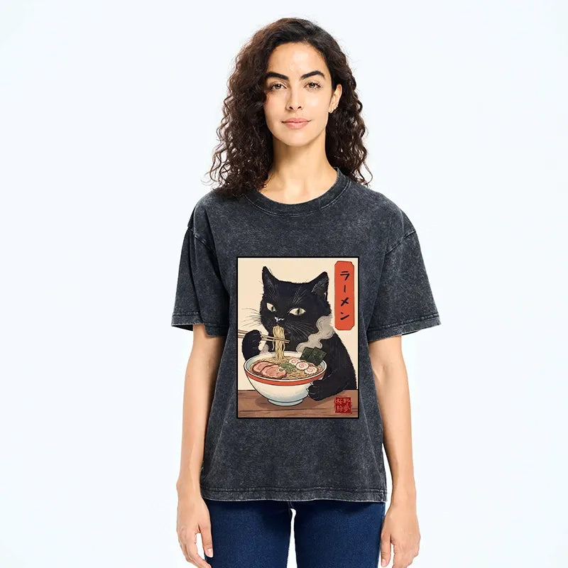 Kyoto-Lion Ramen Eating Cute Cat Washed T-Shirt