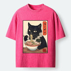 Kyoto-Lion Ramen Eating Cute Cat Washed T-Shirt