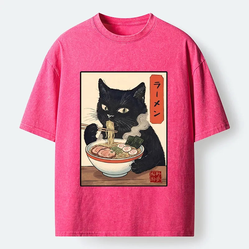 Kyoto-Lion Ramen Eating Cute Cat Washed T-Shirt