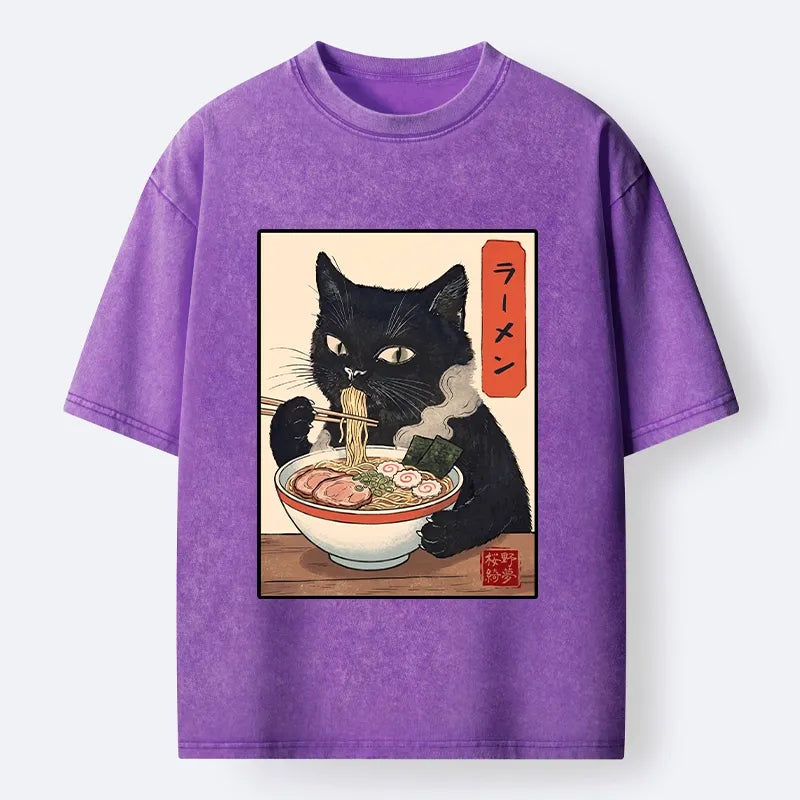 Kyoto-Lion Ramen Eating Cute Cat Washed T-Shirt