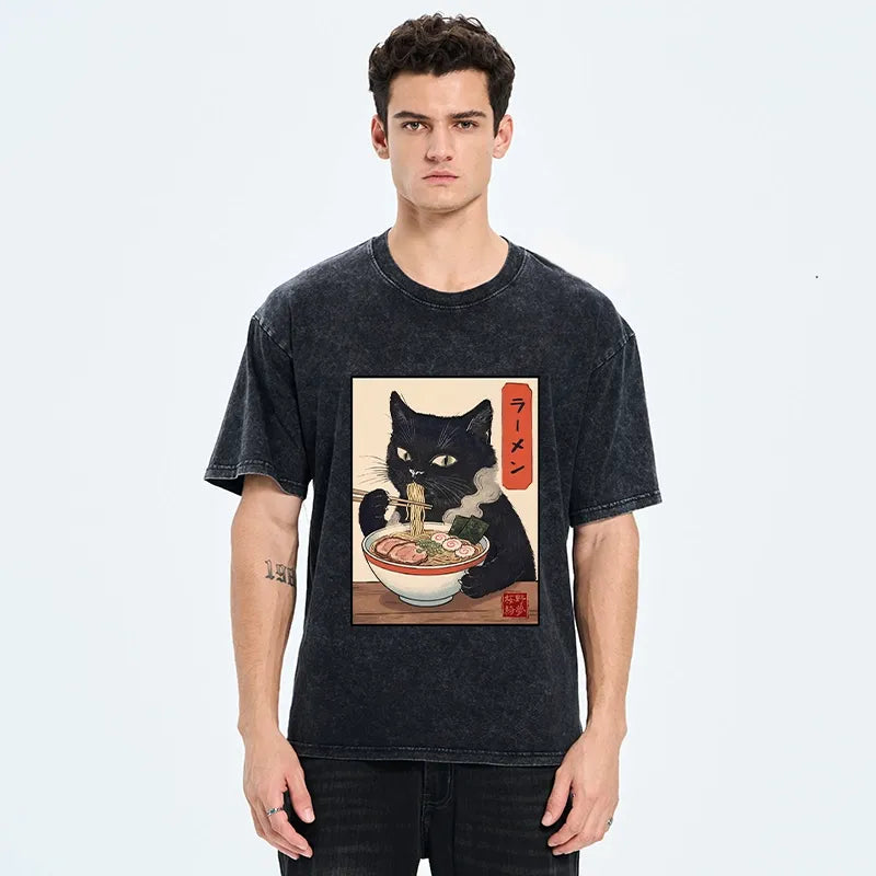 Kyoto-Lion Ramen Eating Cute Cat Washed T-Shirt