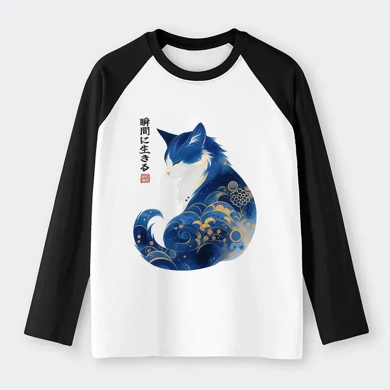 Retro Zen Cat Raglan Long Sleeve T-shirt