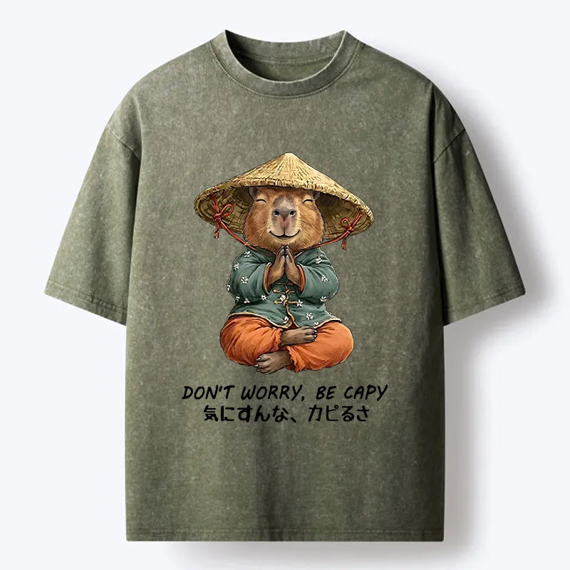 Kyoto-Lion Zen Capybara Funny Meme Washed T-Shirt