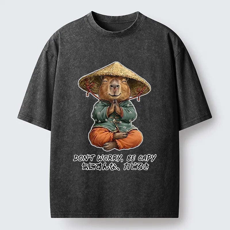 Kyoto-Lion Zen Capybara Funny Meme Washed T-Shirt