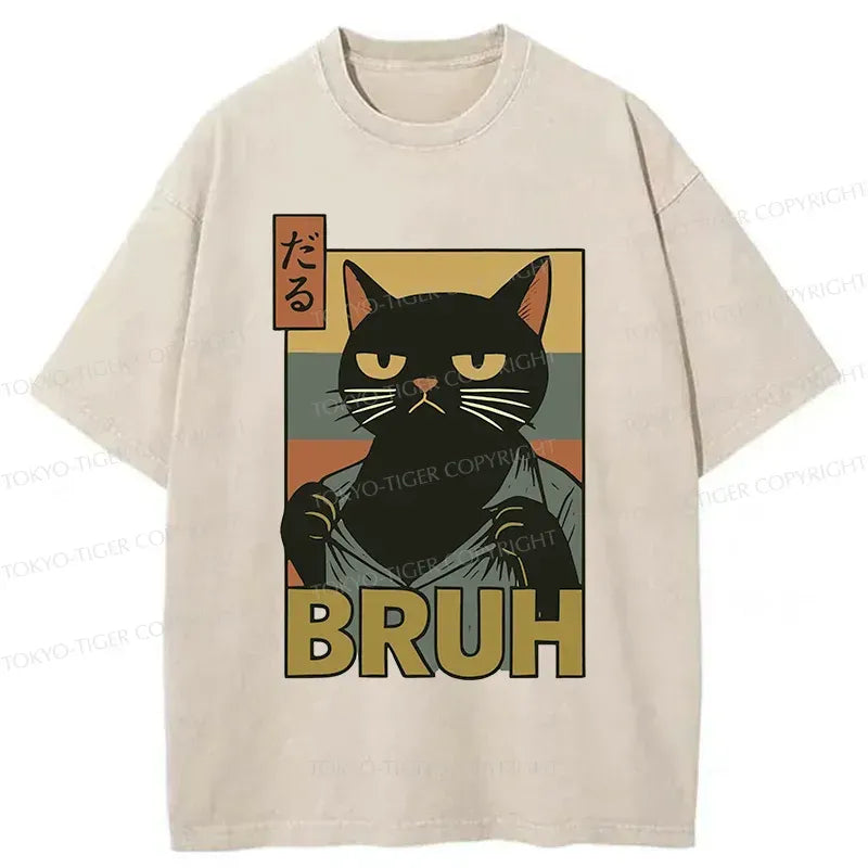 Black Cat Washed T-Shirt for Daily Wear