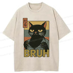 Black Cat Washed T-Shirt for Daily Wear