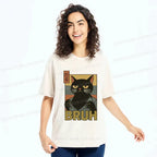Black Cat Washed T-Shirt for Daily Wear