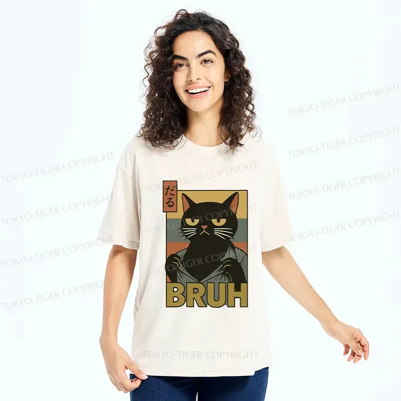 Black Cat Washed T-Shirt for Daily Wear