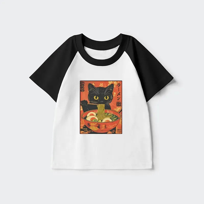 Japanese vintage black cat ramen raglan shirt