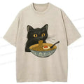 Kyoto-Lion Cat Eating Tonkotsu Ramen Washed T-Shirt