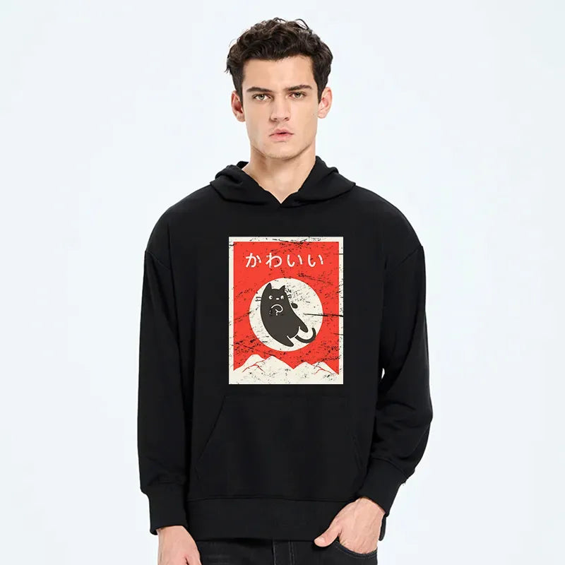 cute black cat japanese hoodie for daily wear