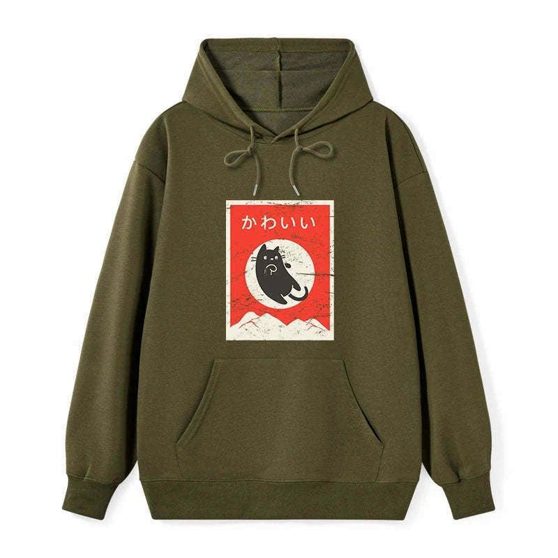 cute black cat japanese hoodie for daily wear