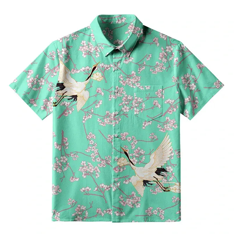 Kyoto-Lion Cranes And Sakura Button-up Shirt