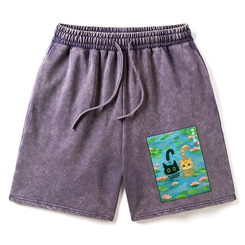 Kyoto-Lion Cats In The Lotus Pond Washed Shorts