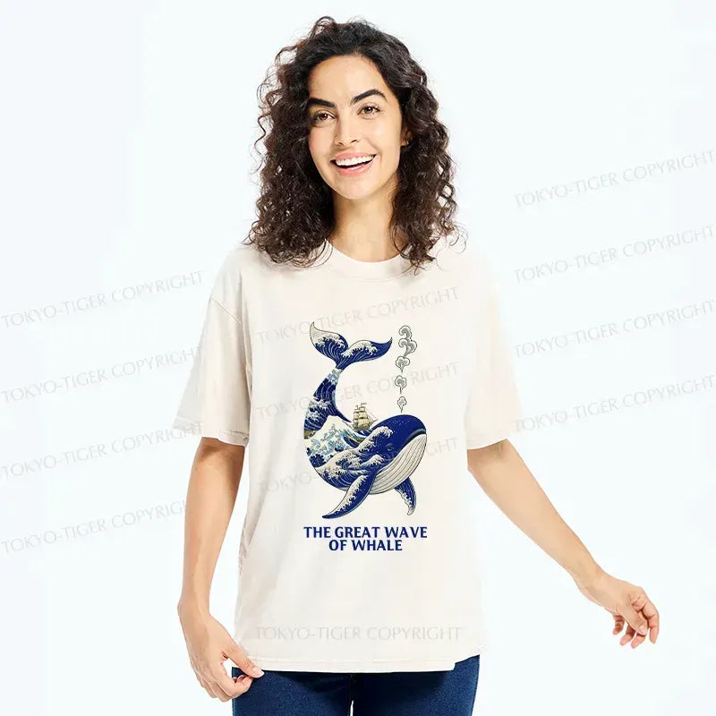 Kyoto-Lion Ukiyoe Wave Whale Washed T-Shirt