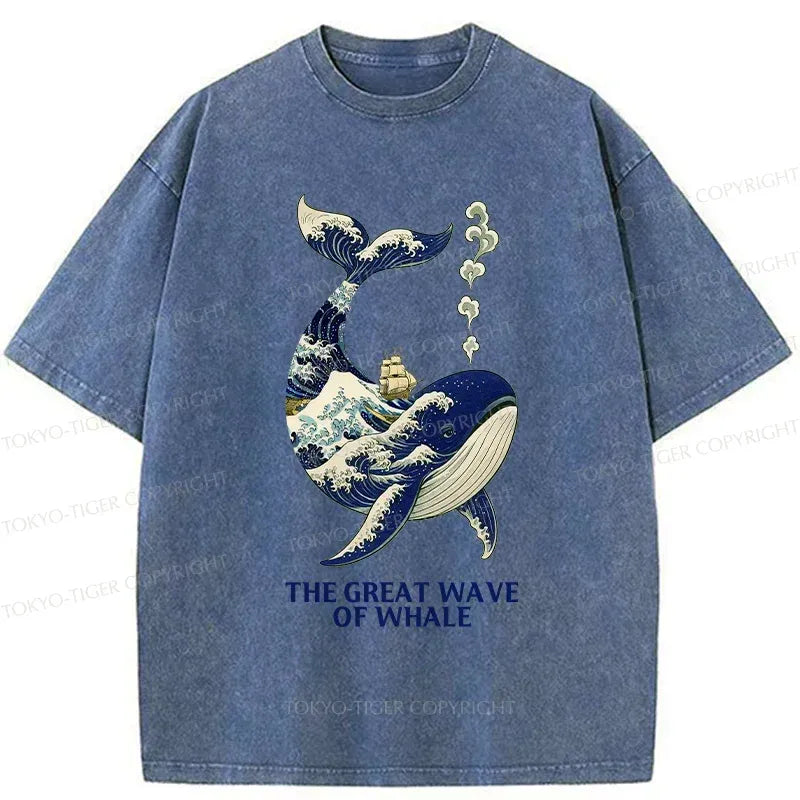 Kyoto-Lion Ukiyoe Wave Whale Washed T-Shirt