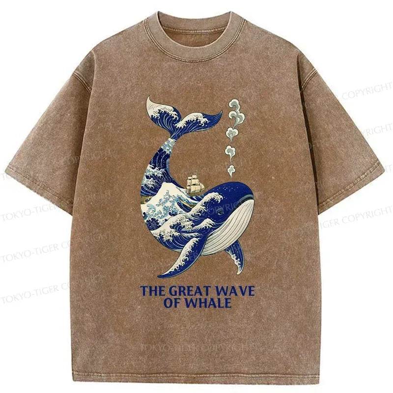 Kyoto-Lion Ukiyoe Wave Whale Washed T-Shirt