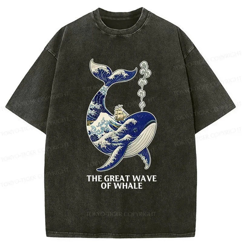 Kyoto-Lion Ukiyoe Wave Whale Washed T-Shirt
