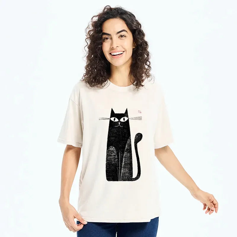 Kyoto-Lion Retro Woodblock Black Cat Washed T-Shirt