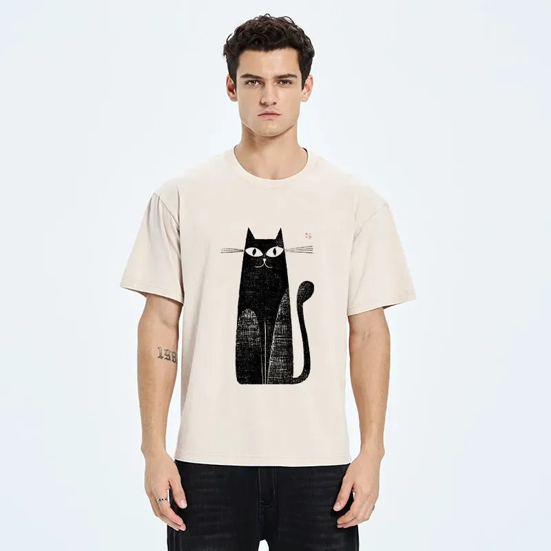 Kyoto-Lion Retro Woodblock Black Cat Washed T-Shirt
