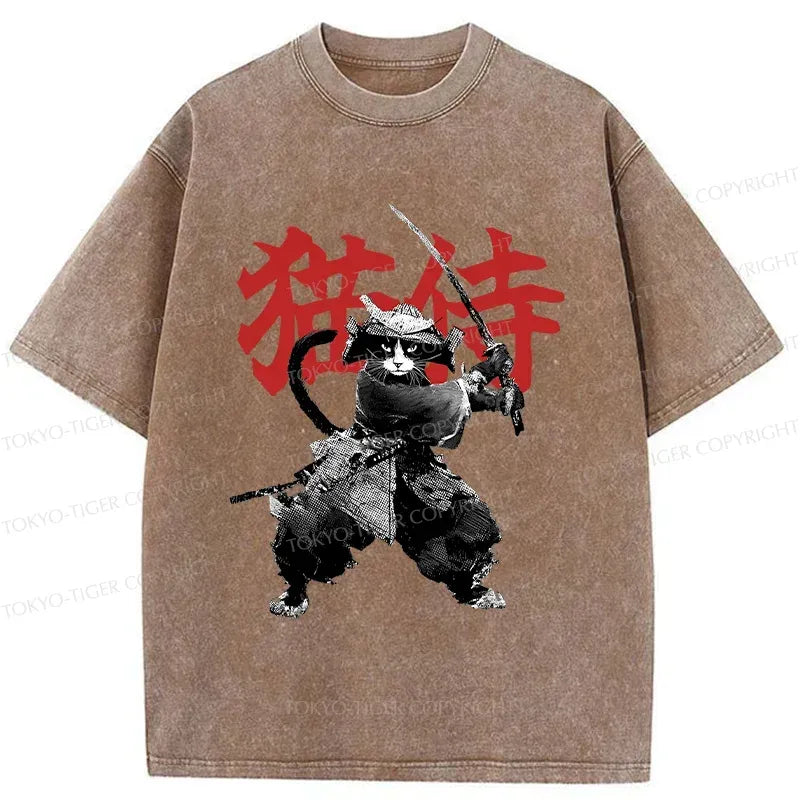 Washed Black Cat T-Shirt for Streetwear