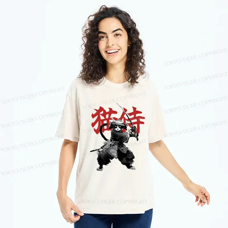 Kyoto-Lion Black Cat Samurai Washed T-Shirt
