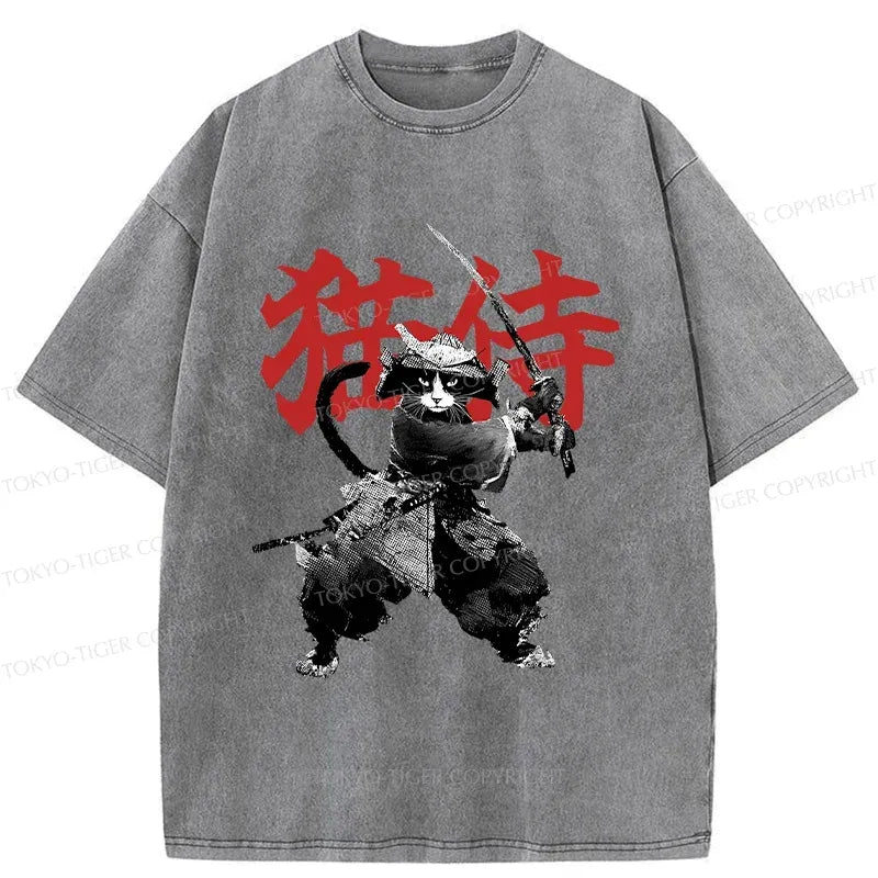 Kyoto-Lion Black Cat Samurai Washed T-Shirt