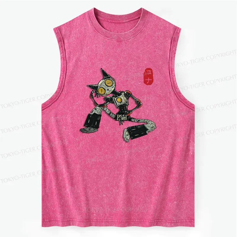 Contemplative robot cat washed tank streetwear