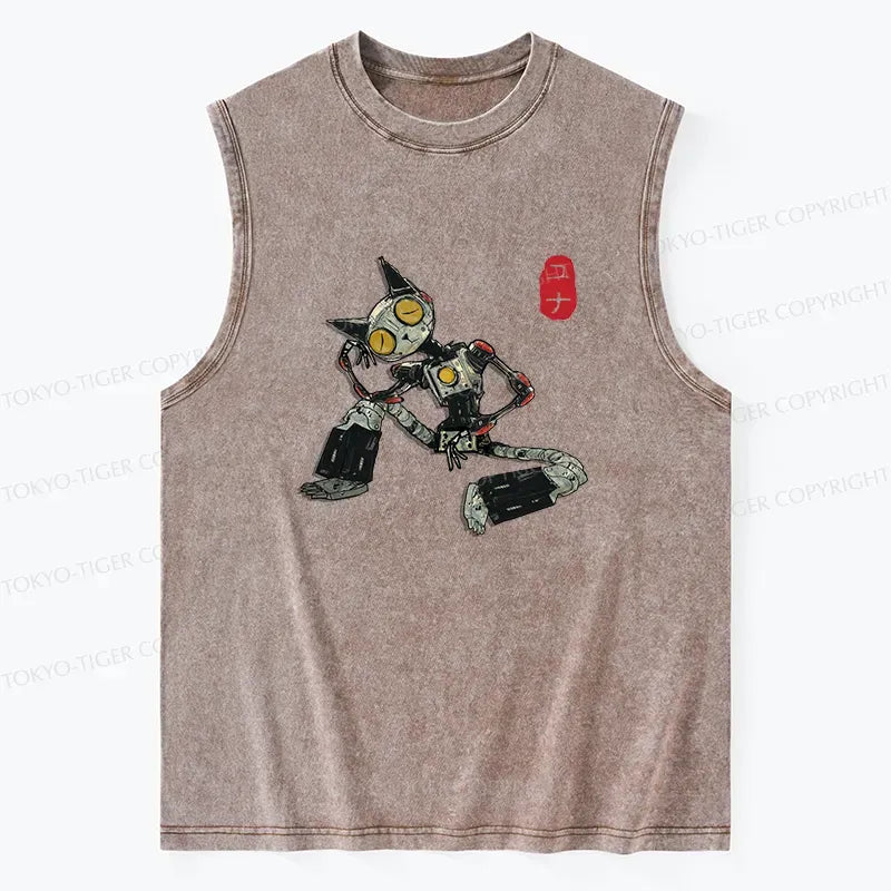 Contemplative robot cat washed tank streetwear