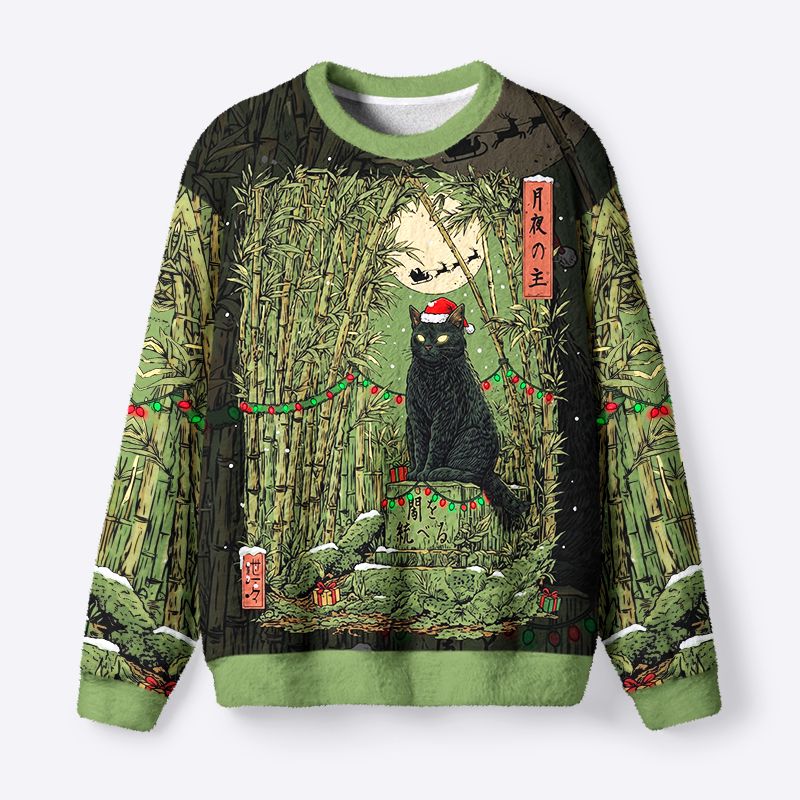 Kyoto-Lion Black Cat In The Bamboo Forest Fuzzy Christmas Ugly Sweatshirt