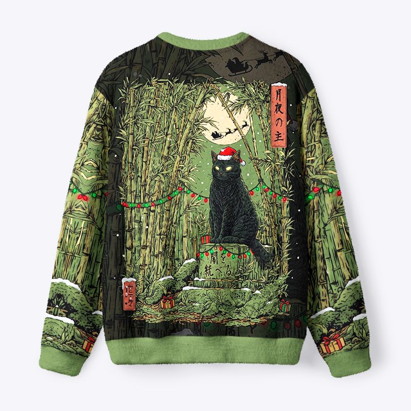 Kyoto-Lion Black Cat In The Bamboo Forest Fuzzy Christmas Ugly Sweatshirt