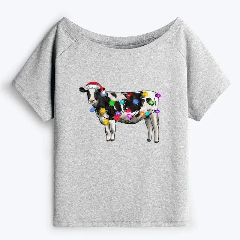 Japanese Cow Off Shoulder T-Shirt for Women