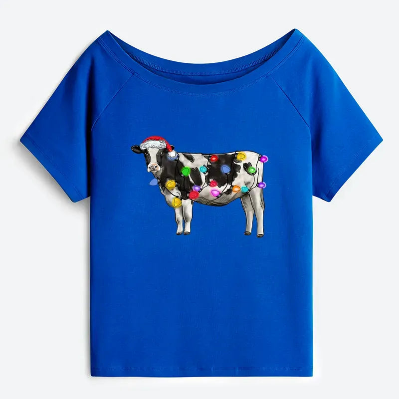 Kyoto-Lion Christmas Cow Off Shoulder T-Shirt