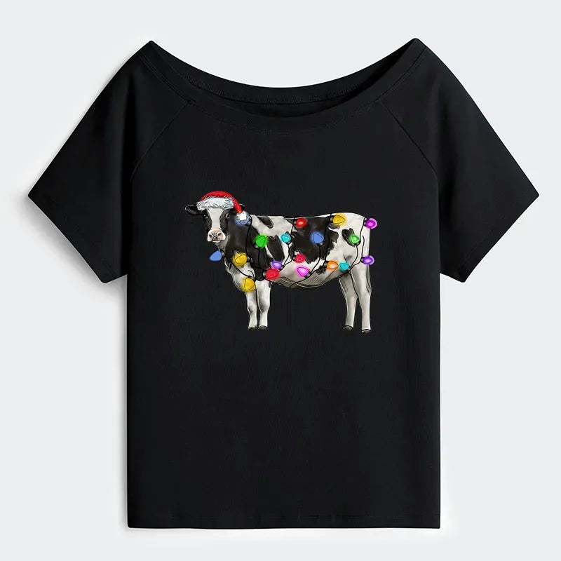 Kyoto-Lion Christmas Cow Off Shoulder T-Shirt