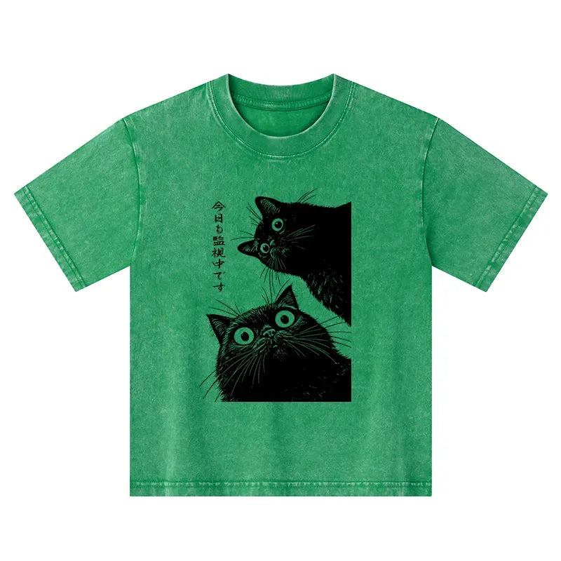 Kyoto-Lion The Cat Is Watching Today Kids Washed T-Shirt