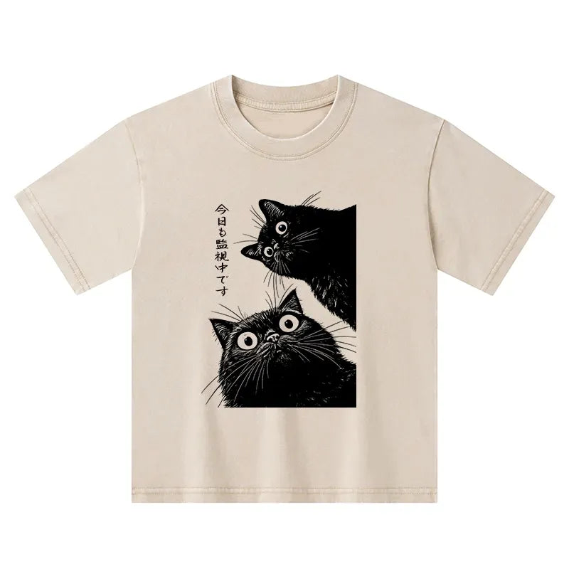 Kyoto-Lion The Cat Is Watching Today Kids Washed T-Shirt