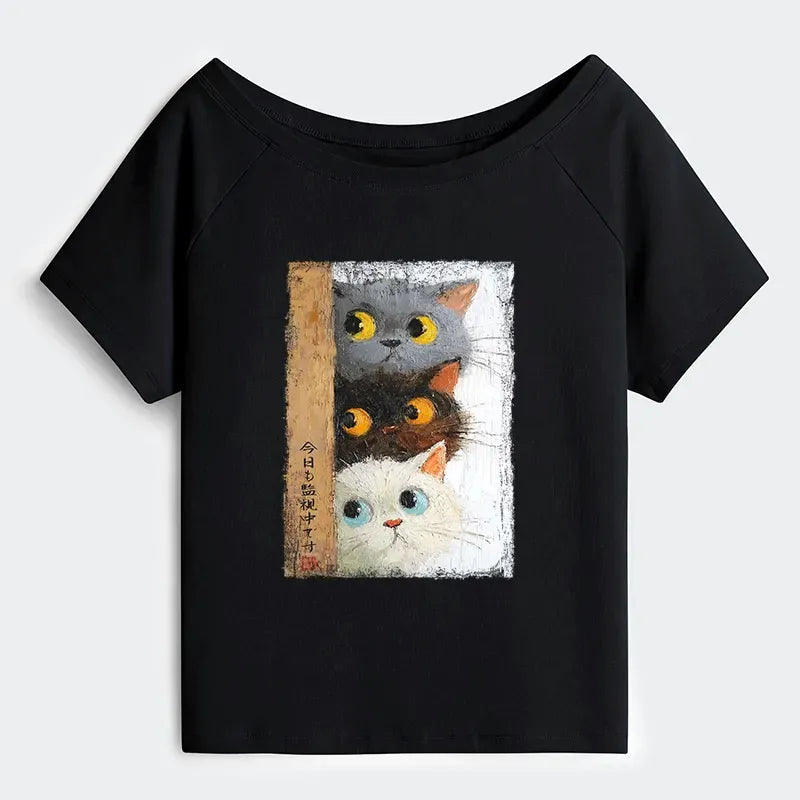 Trendy Off Shoulder Cat Tee for Summer
