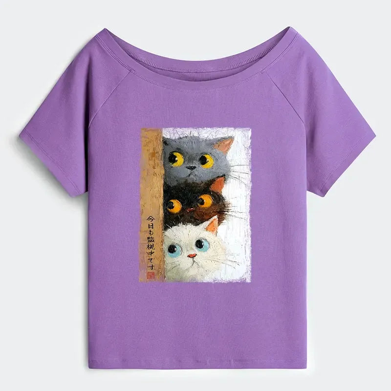 Trendy Off Shoulder Cat Tee for Summer