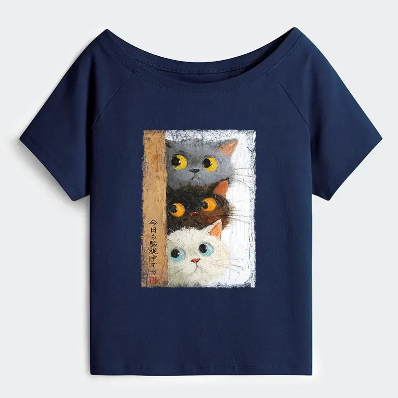 Trendy Off Shoulder Cat Tee for Summer