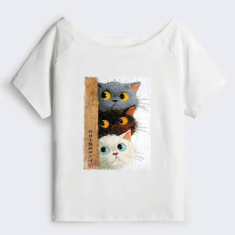 Cute Cats Japanese Off Shoulder T-Shirt for Women