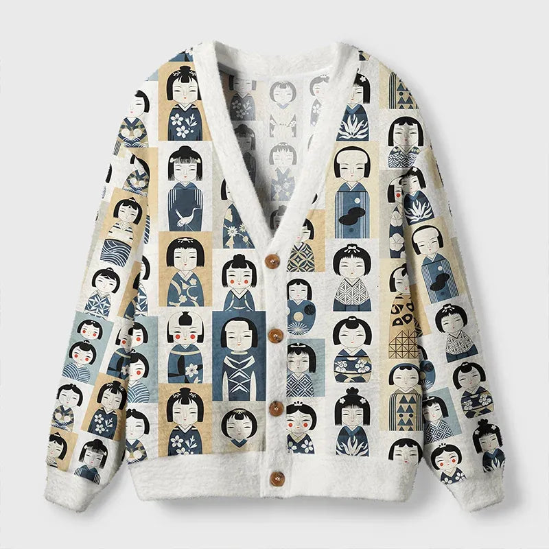 Kyoto-Lion Kokeshi Japan Ugly Cardigan Sweater
